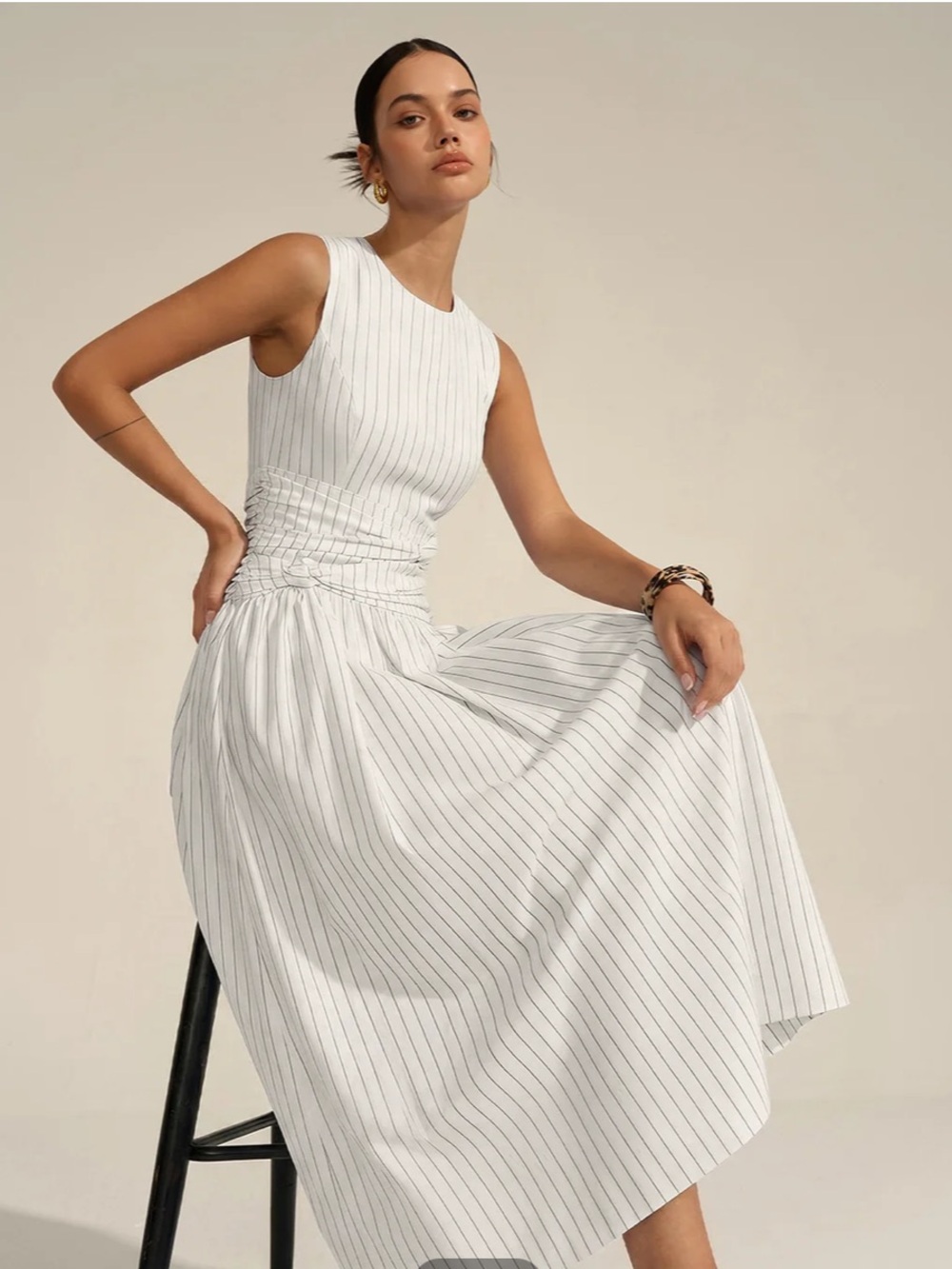 NWT Commense Cotton Blend Striped Ruched Sleeveless Maxi Dress